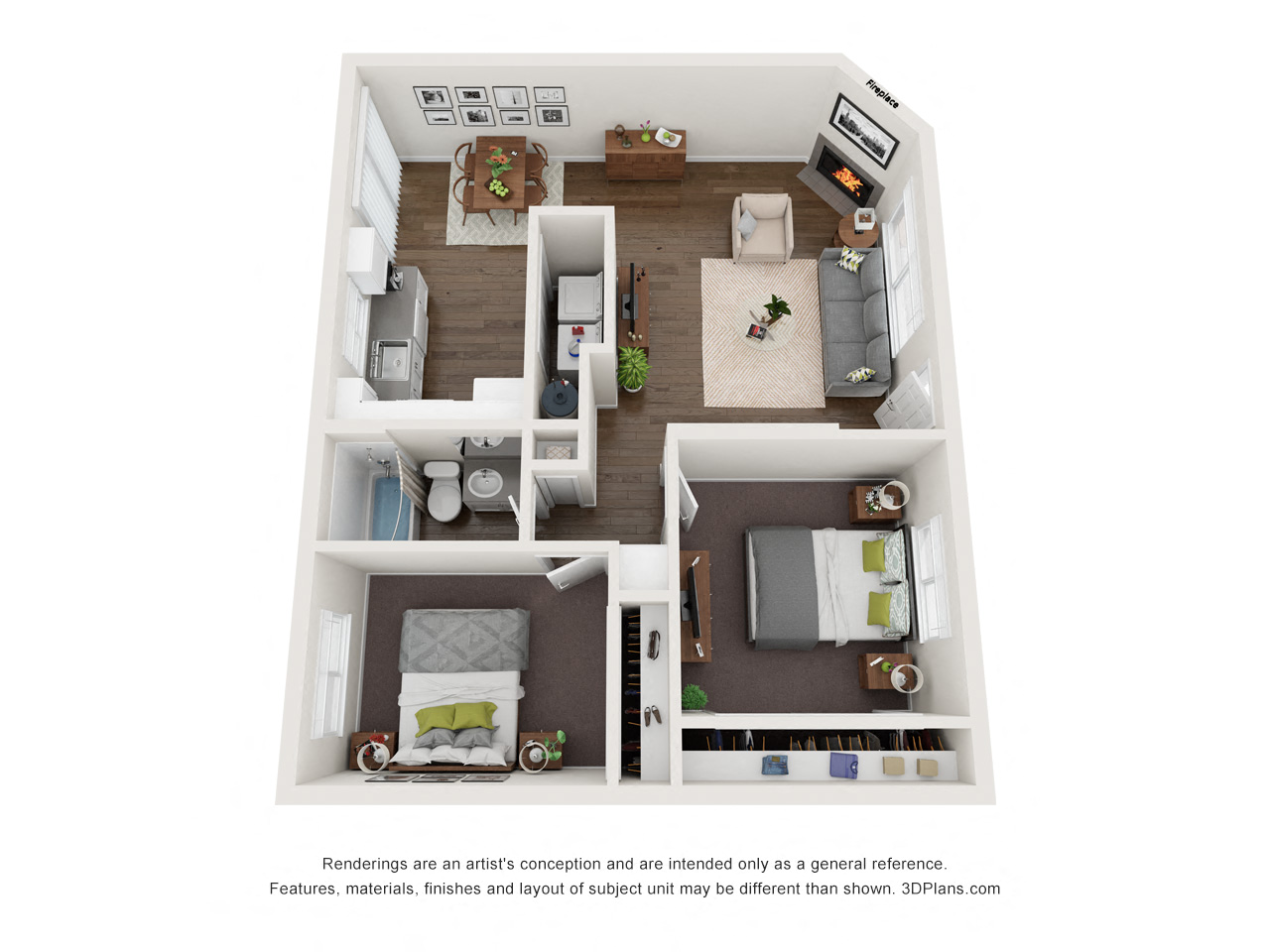 Floor plan for 2 beds, 1 bath, 896 sqft